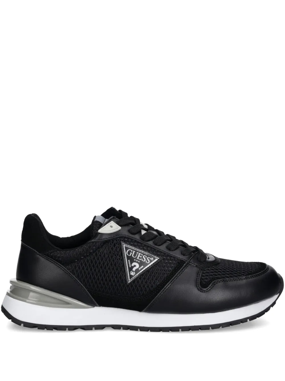 Black lace-up sneakers with Guess logo patch and cushioned sole