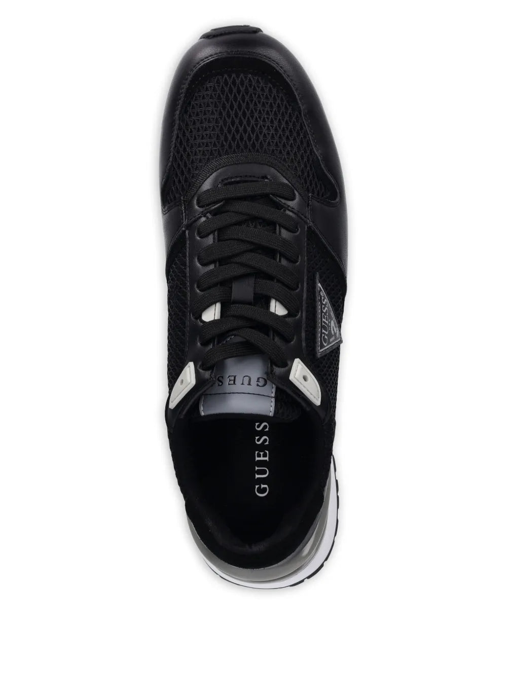 Black lace-up sneaker with Guess logo patch on tongue and straps