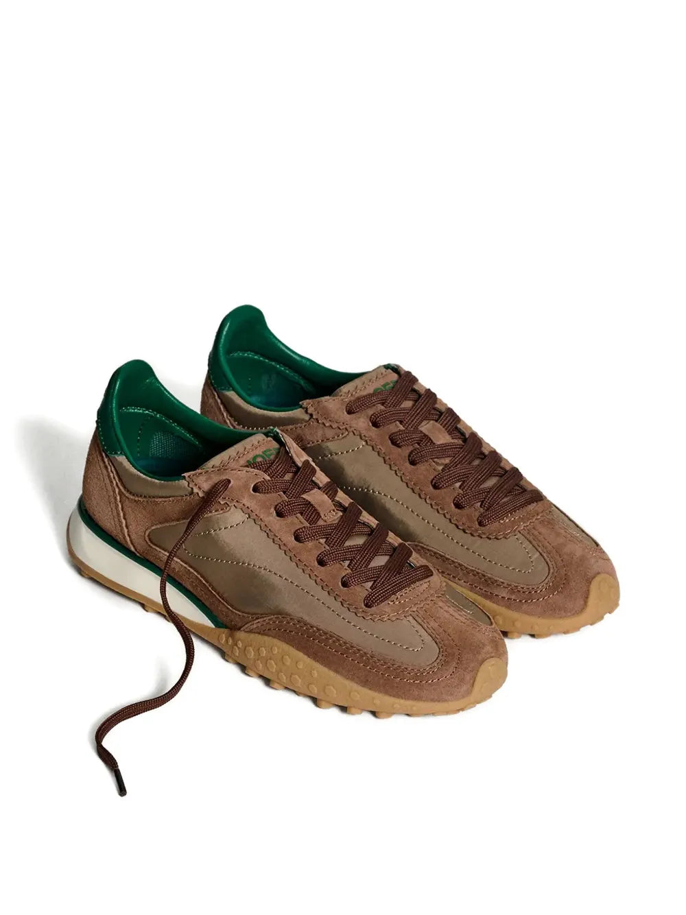 Two-tone brown lace-up sneakers with green heel lining and textured outsole