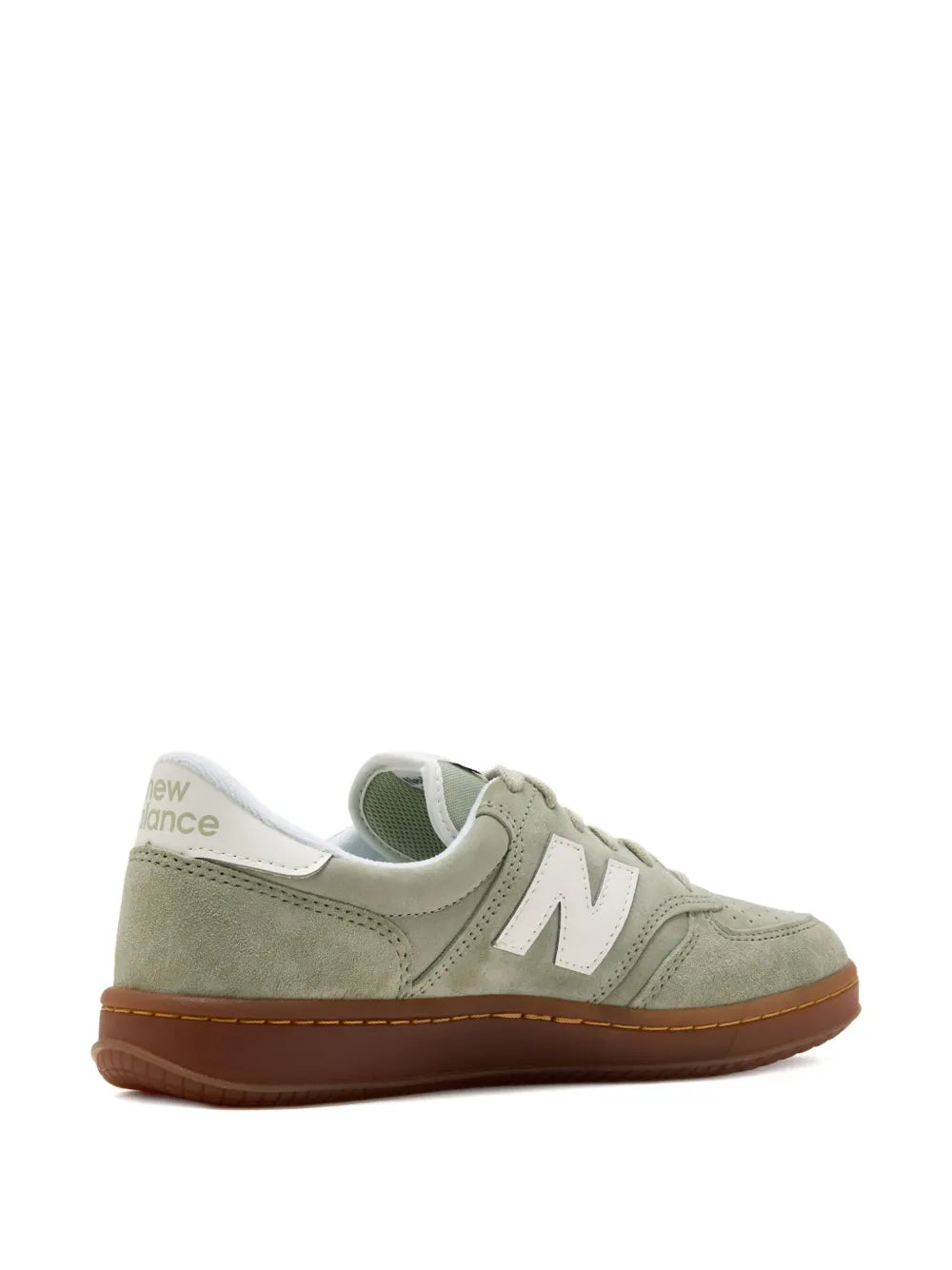 Sage green suede sneakers with New Balance N logo, gum-brown outsole, lace-up