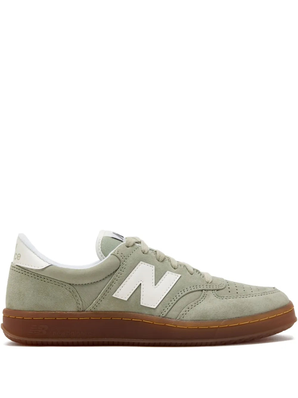 Sage green suede leather sneakers with New Balance side N logo and lace-up