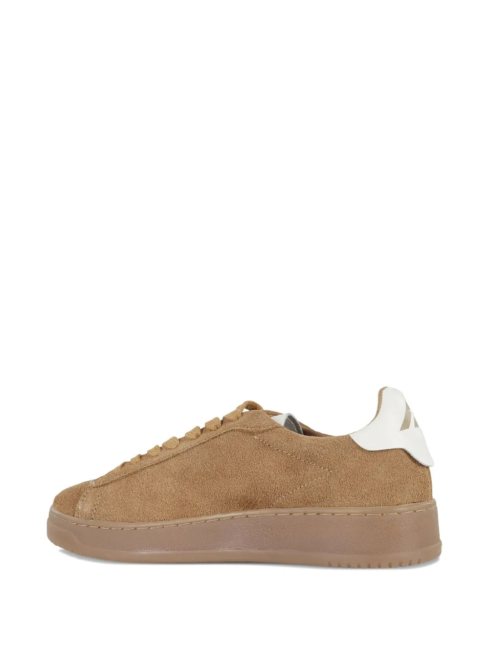 Cigar brown suede low-top leather sneakers, side view with white heel tab