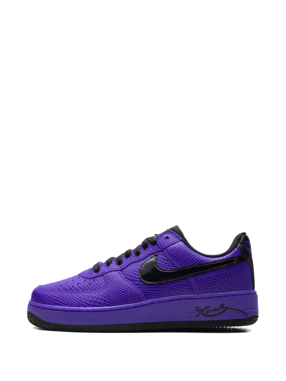 Nike Air Force 1 Low sneakers, side view in purple with black Swoosh