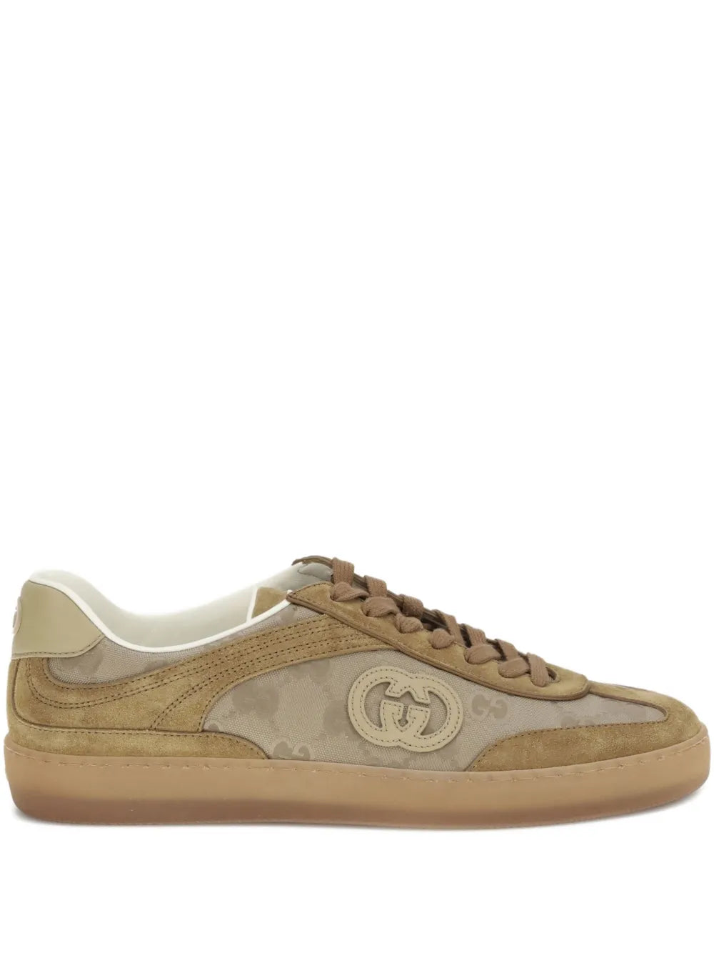 Beige suede sneakers with GG logo patch, lace-up front, rubber sole