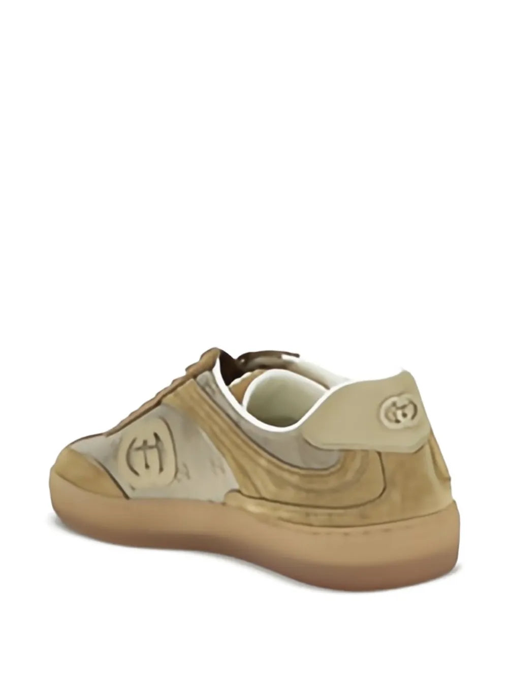 Beige suede sneakers with GG logo heel patch, lace-up, white padded collar