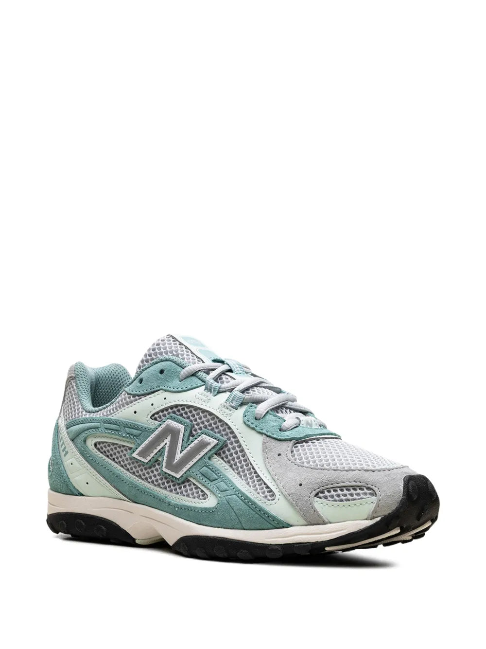 New Balance 204L low-top sneakers, side view, teal green and light gray, lace-up