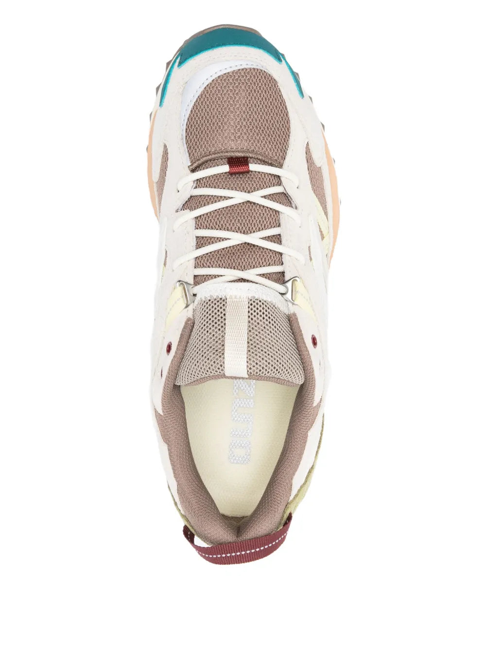 Grey low-top lace-up sneakers heel and tongue view with beige lining and teal trim