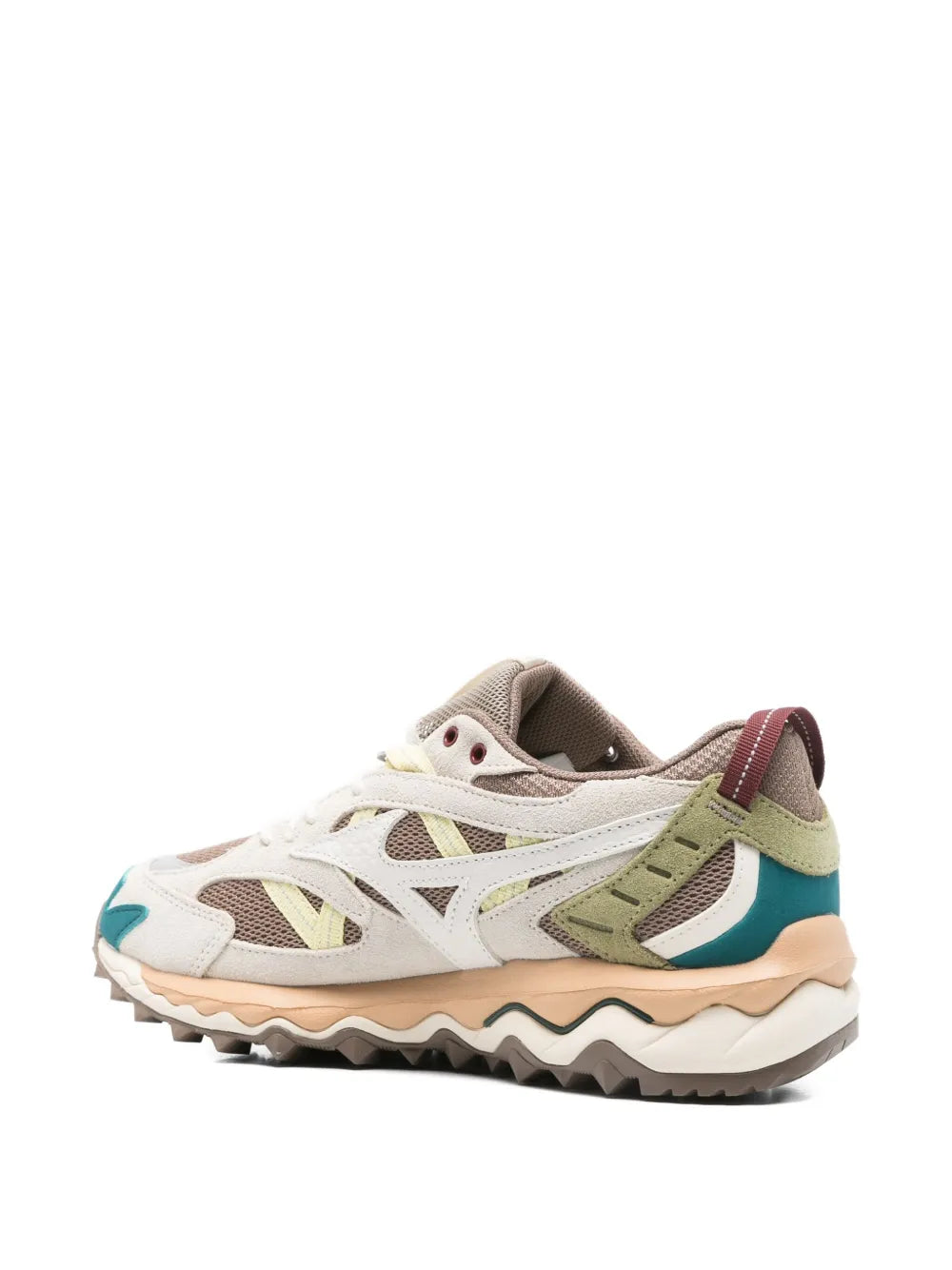 Grey low-top lace-up sneakers, angled side view, beige outsole with teal heel detail