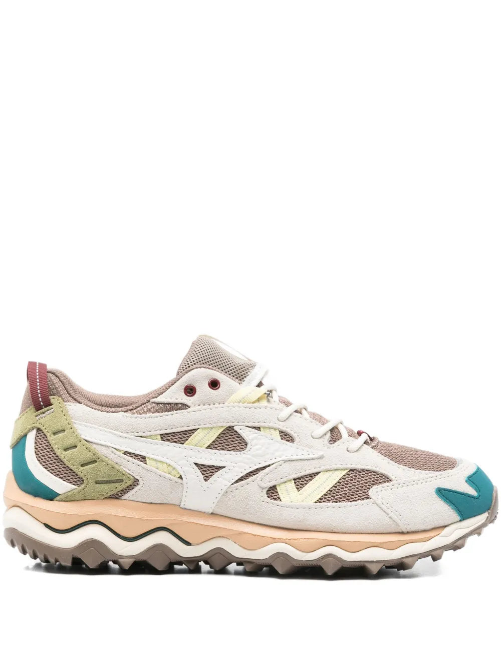 Grey low-top lace-up sneakers with teal and green paneling and chunky outsole