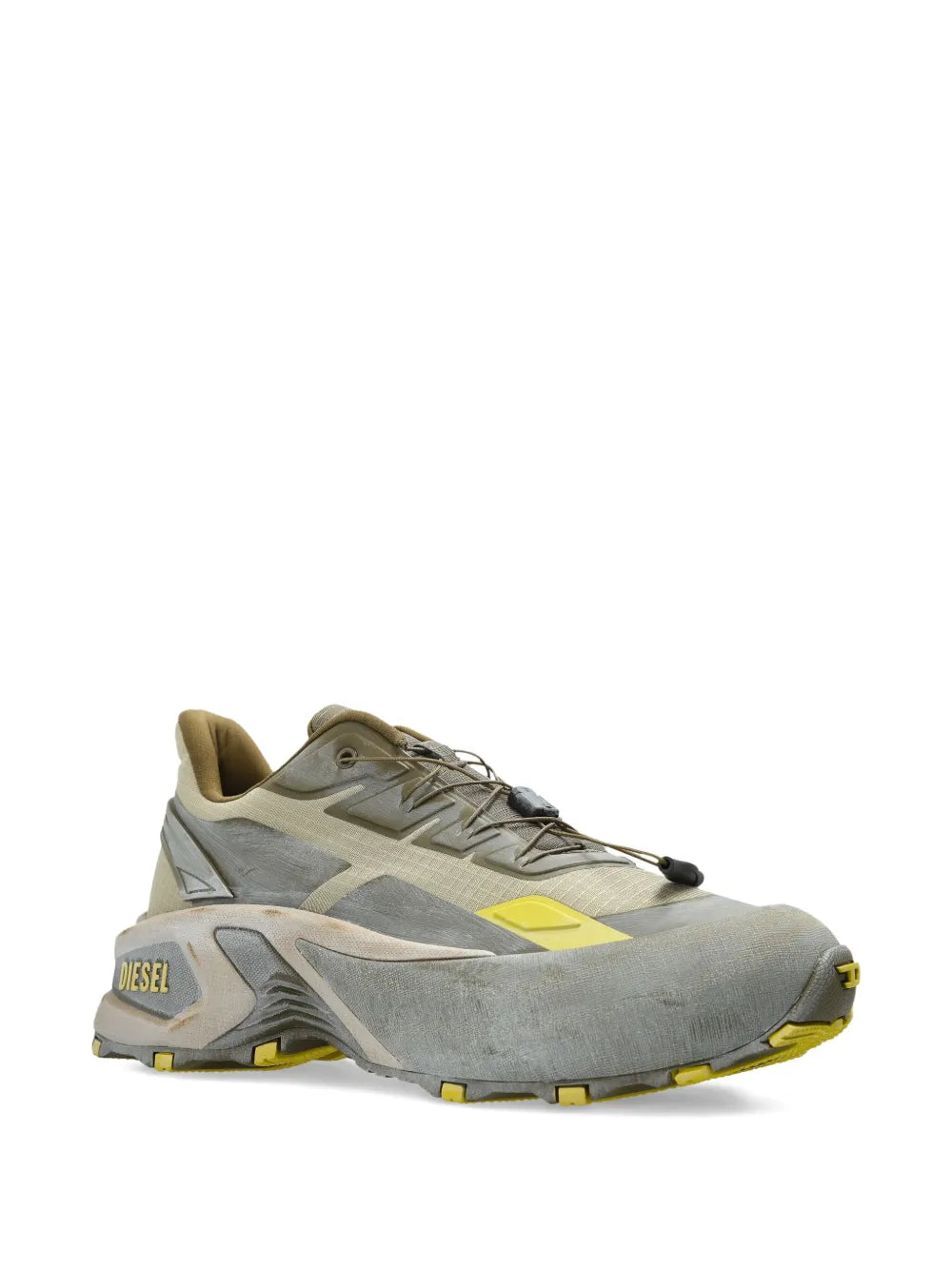Diesel grey chunky lace-up runner sneakers, side/front view with yellow detail