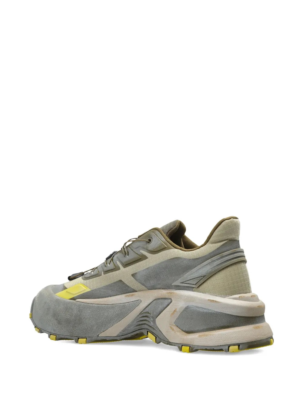 Diesel grey chunky lace-up runner sneakers, rear side view with yellow accents