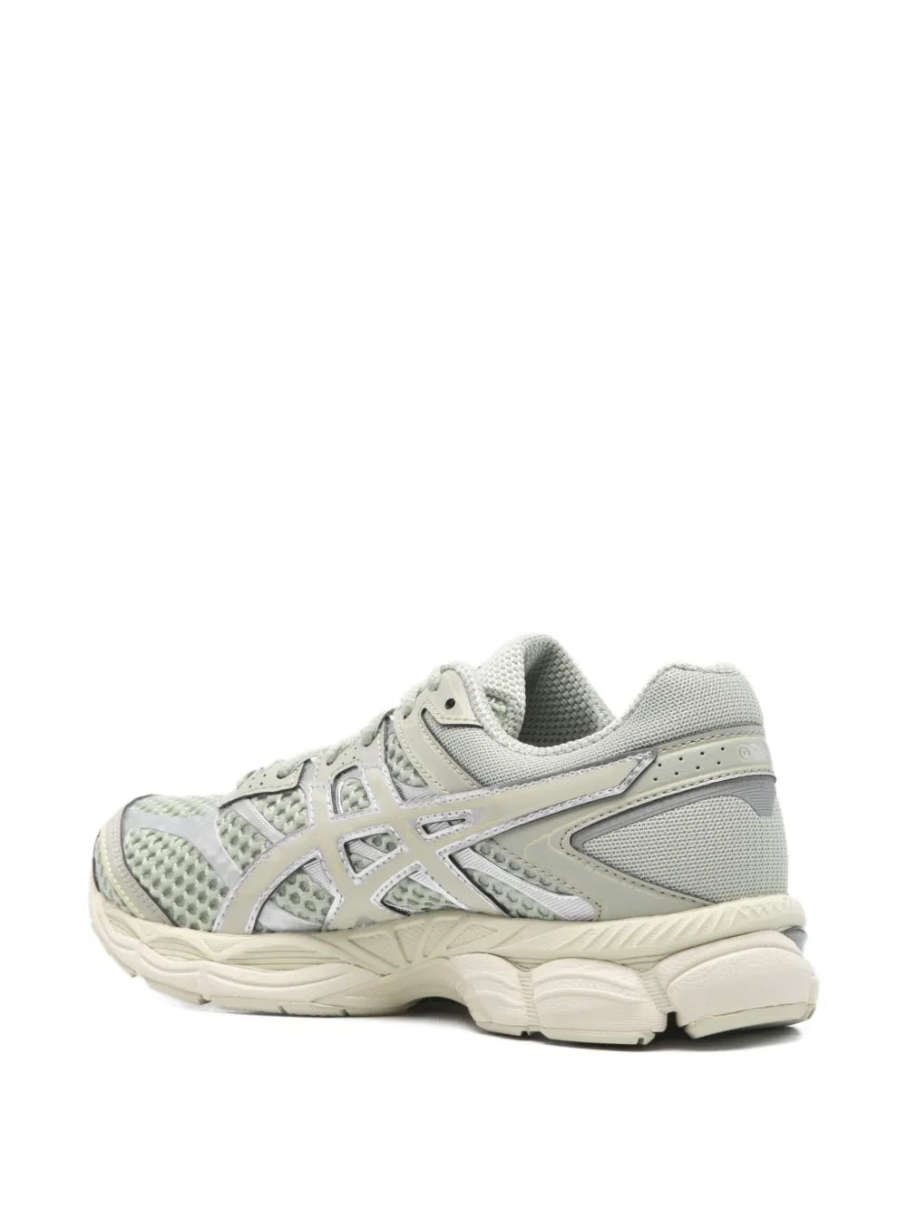 Asics Gel-Cumulus 16 sneakers, heel and side in light gray with pale green panels
