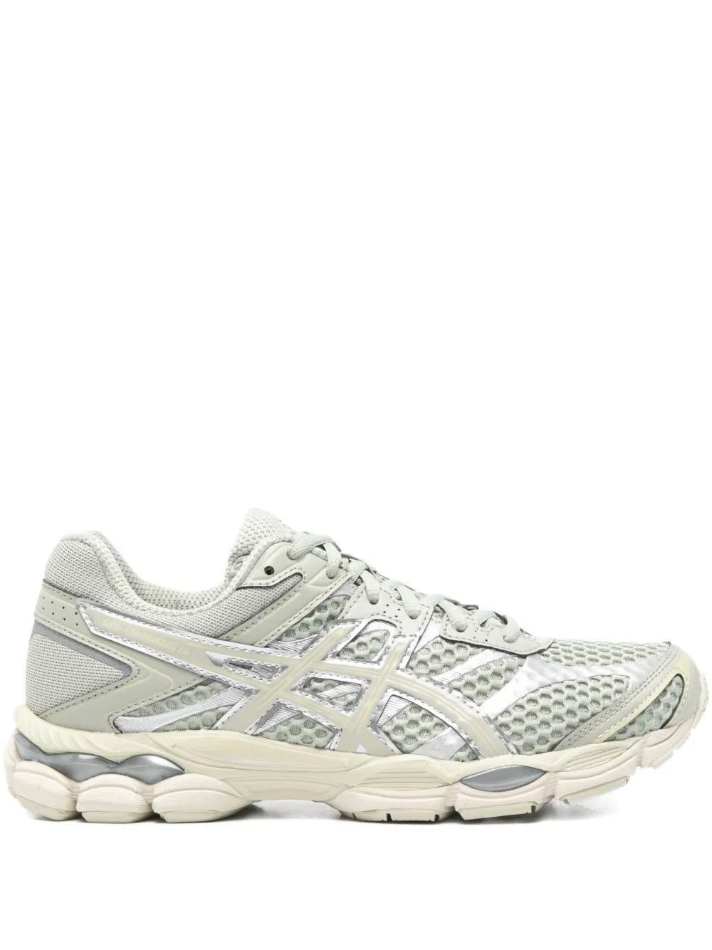 Asics Gel-Cumulus 16 sneakers in light gray with pale green accents, lace-up mesh