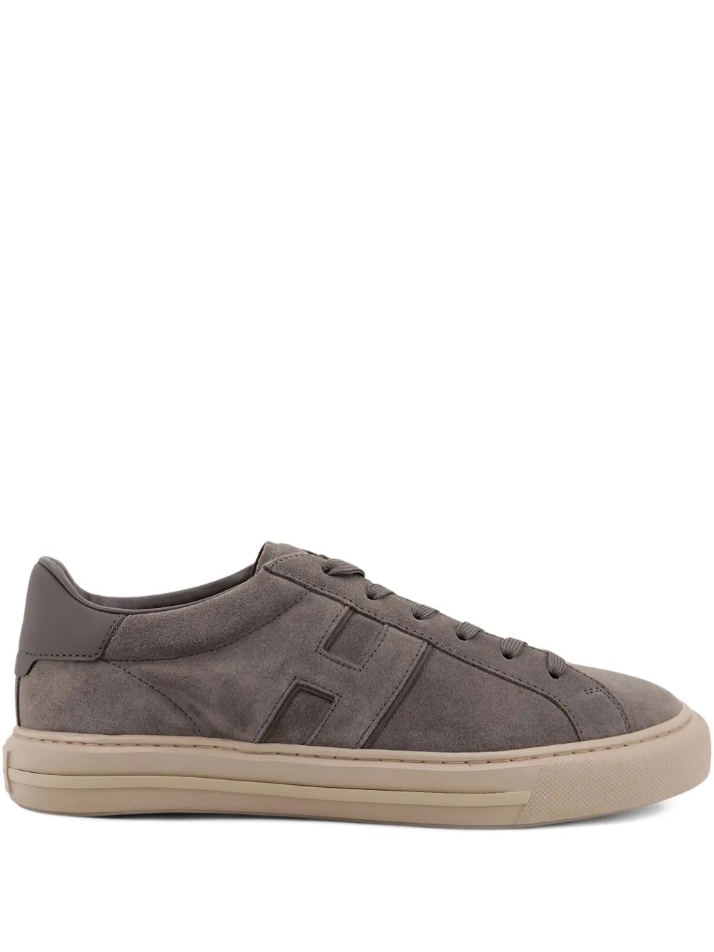 Grey suede lace-up sneakers with side logo panels and beige rubber sole