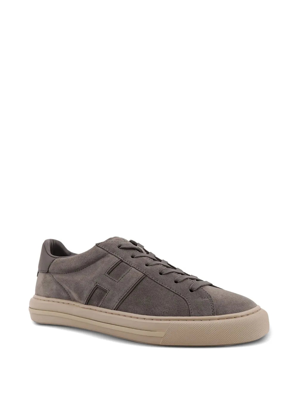 Grey suede low-top lace-up sneakers, side panel detailing, beige rubber sole