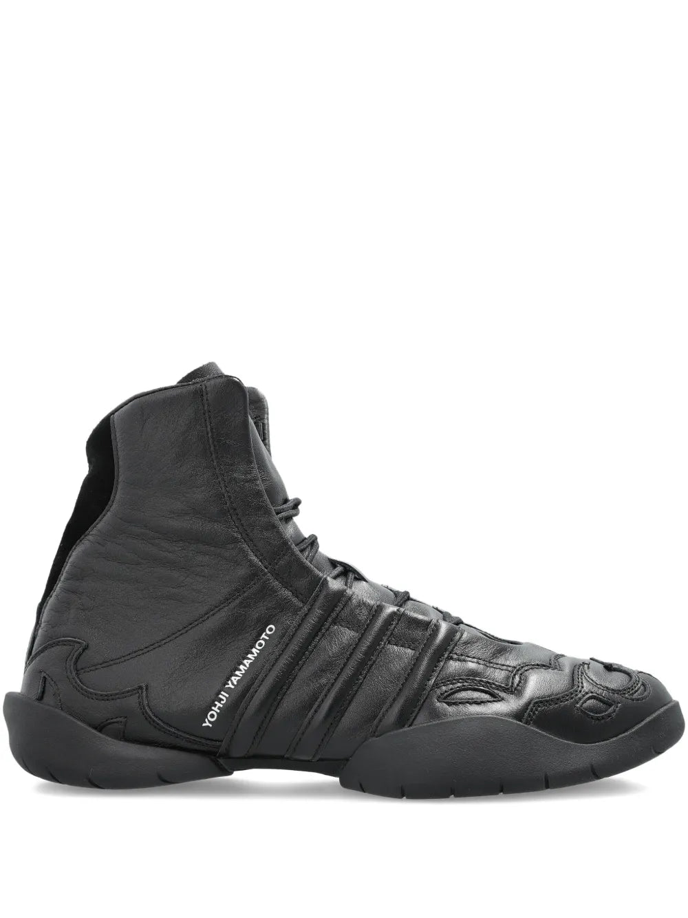 Black high-top leather sneaker with lace-up closure and cushioned midsole
