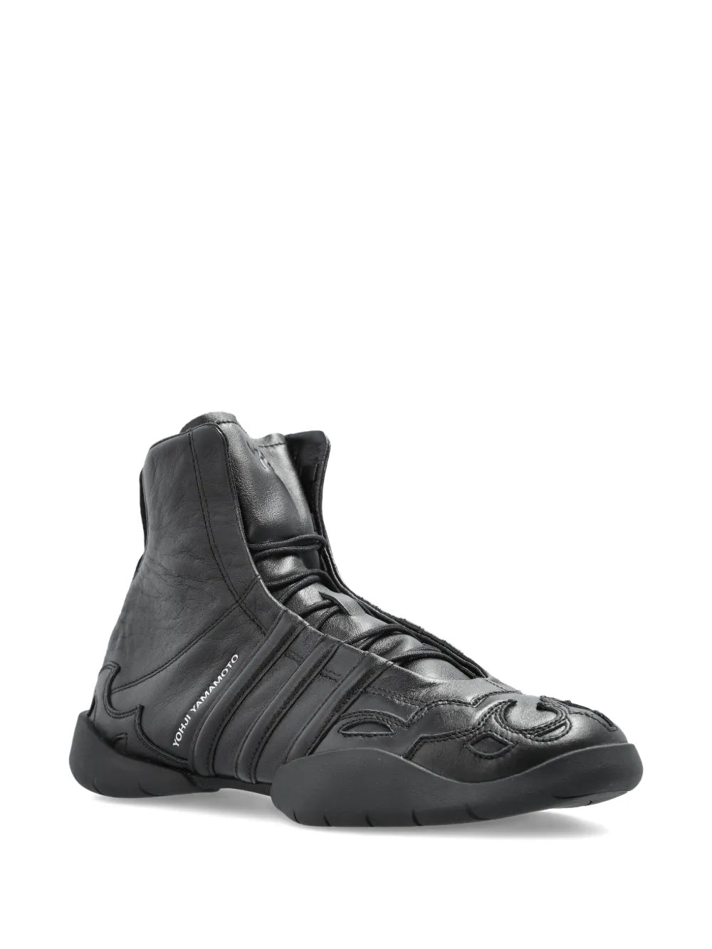 Black high-top leather sneaker, side view, lace-up with padded collar