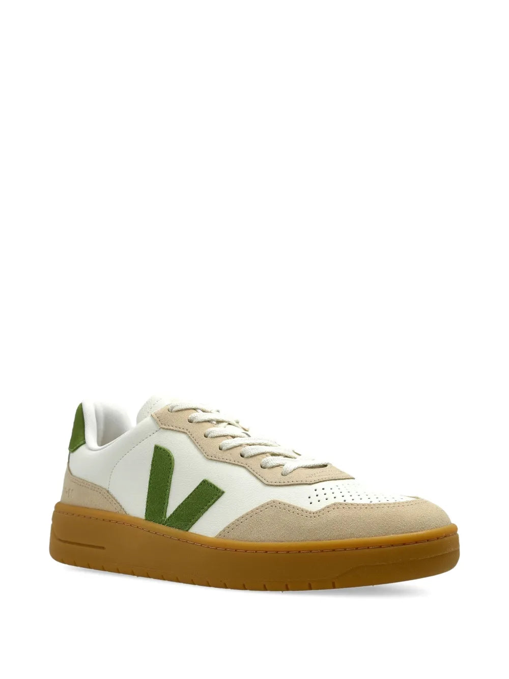 Cream suede sneaker with green V side logo, white laces, gum rubber sole