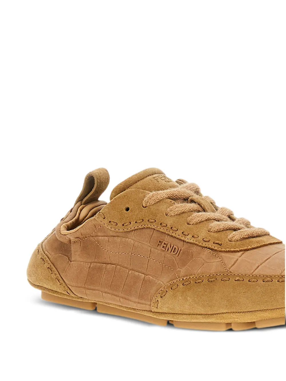 Beige Fendi crocodile-effect lace-up sneakers, front toe and laces with logo