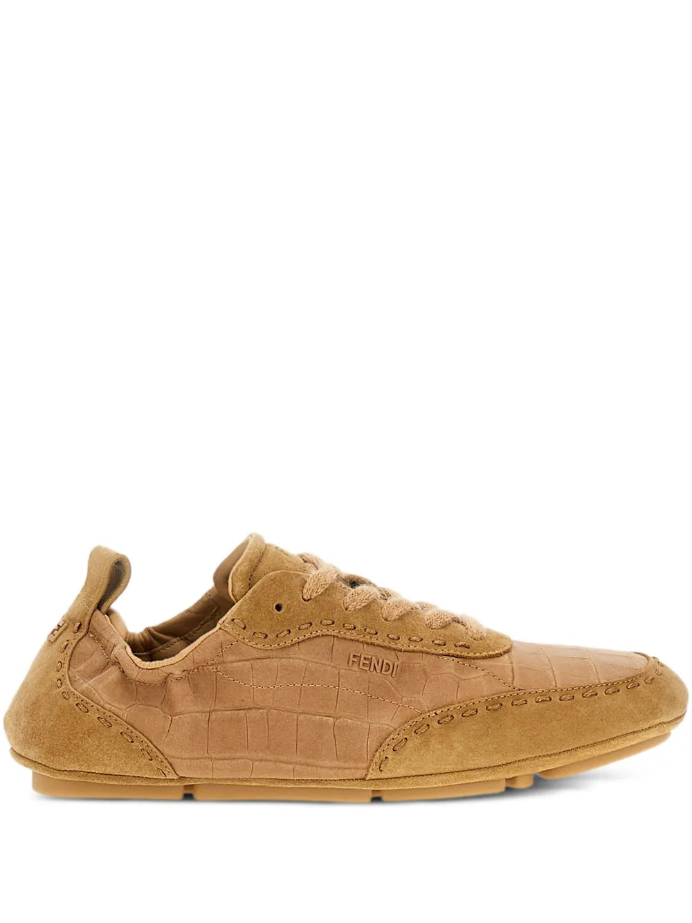 Beige Fendi crocodile-effect lace-up sneakers, side view with stitched logo