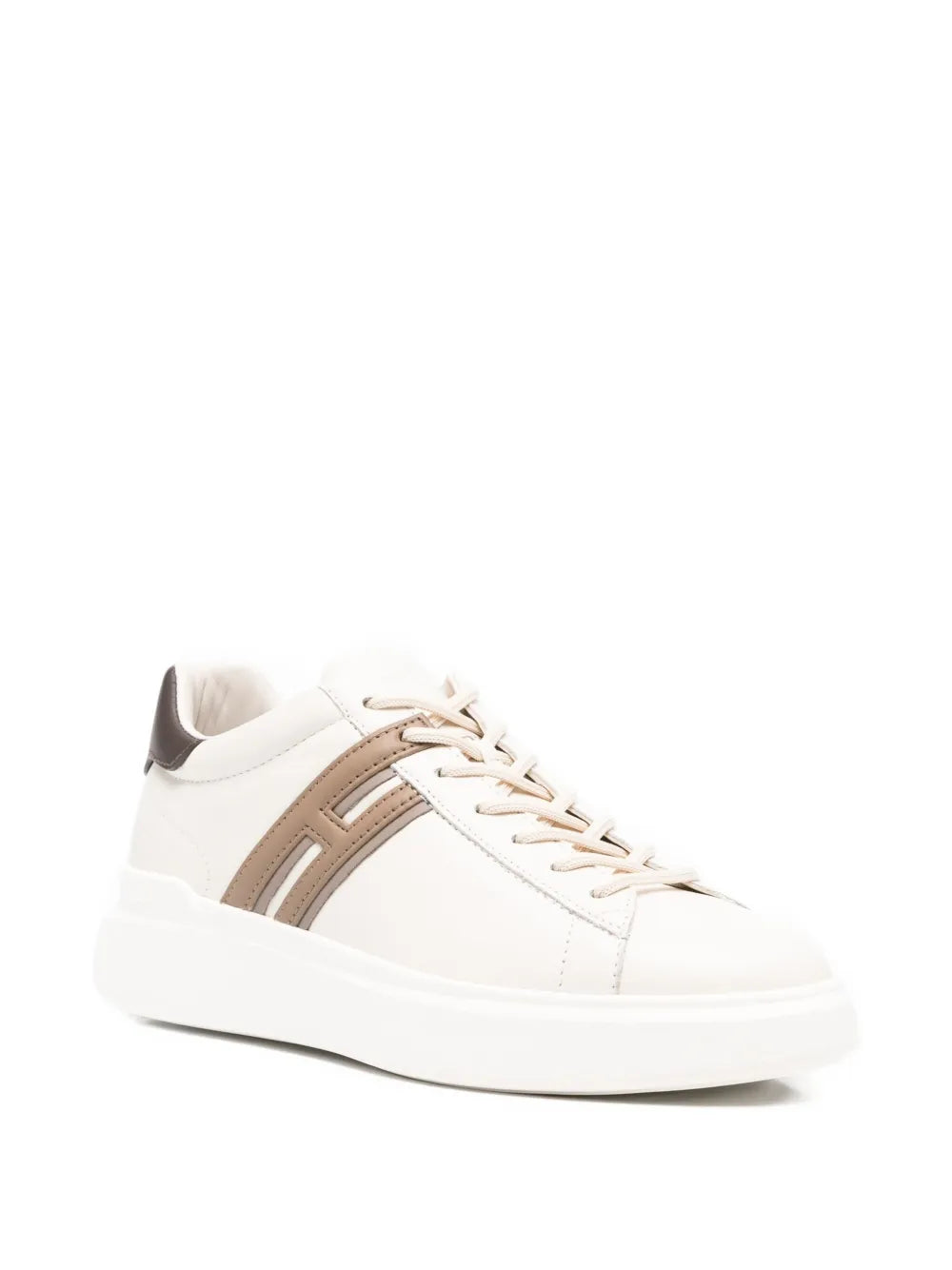 White leather sneakers with beige side stripe, lace-up front, and dark heel panel