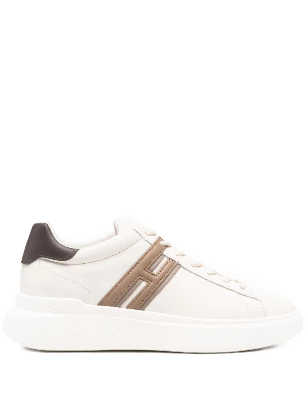 White leather lace-up sneakers with beige side stripe and dark heel tab