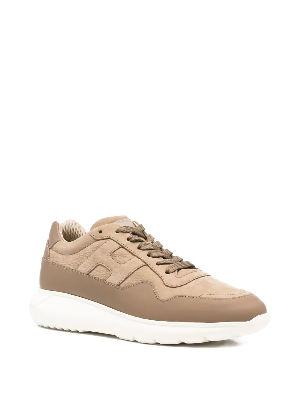 Beige leather low-top sneakers with lace-up front and white rubber sole, side view