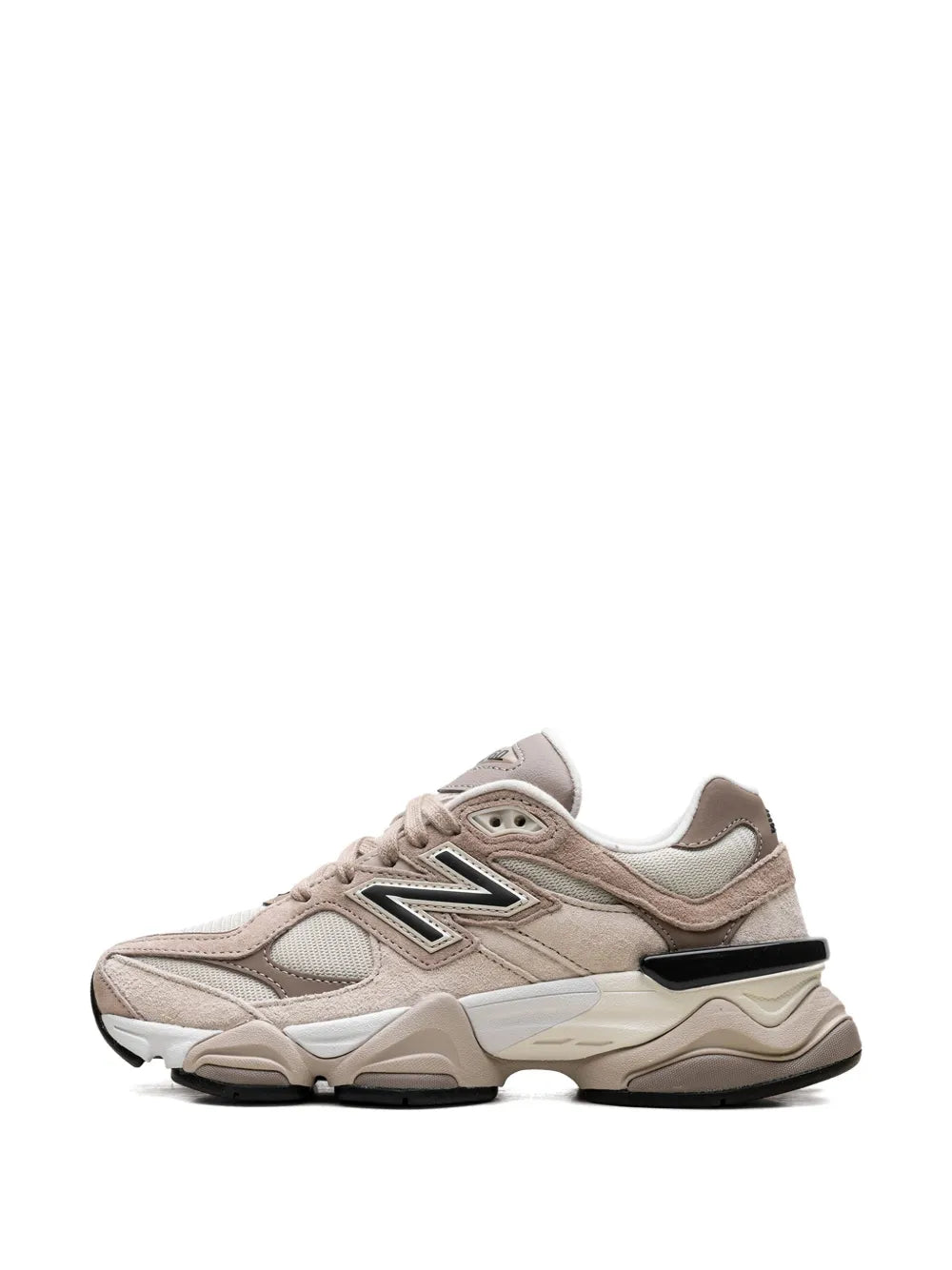 Beige lace-up sneakers with 'N' side logo, layered overlays, chunky sole.