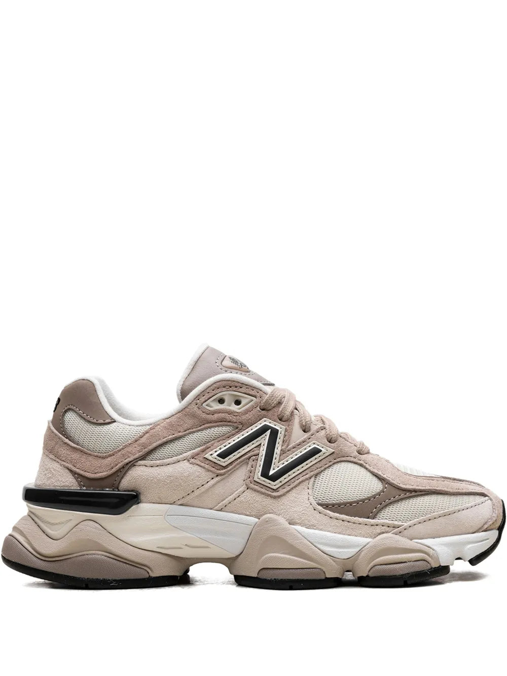 Beige New Balance 9060 sneakers with 'N' side logo, lace-up, chunky sole.