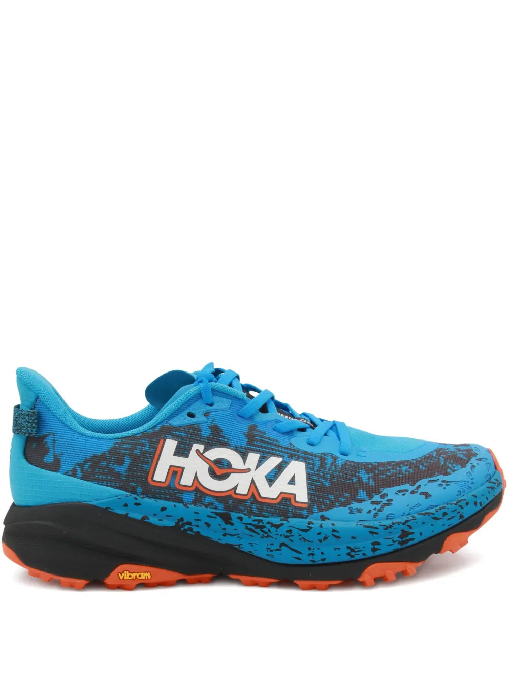 Hoka Speedgoat 6 blue trail running sneakers with orange outsole and lace-up front