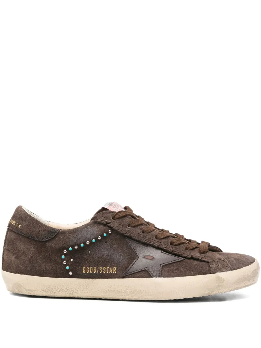 Dark brown suede studded star sneakers, lace-up with multicolor bead details