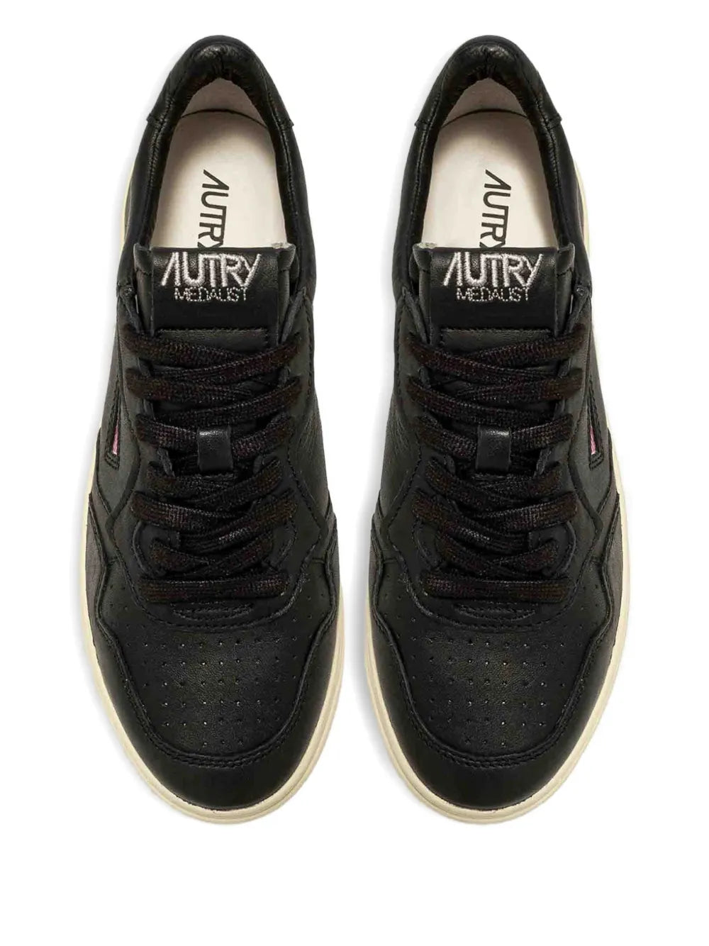 Autry Medalist black leather lace-up sneakers with AUTRY logo tongue, beige sole