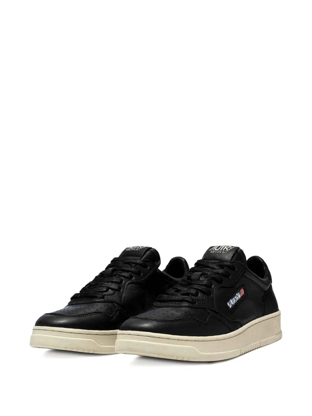 Autry Medalist black leather lace-up sneakers, pair view, beige soles