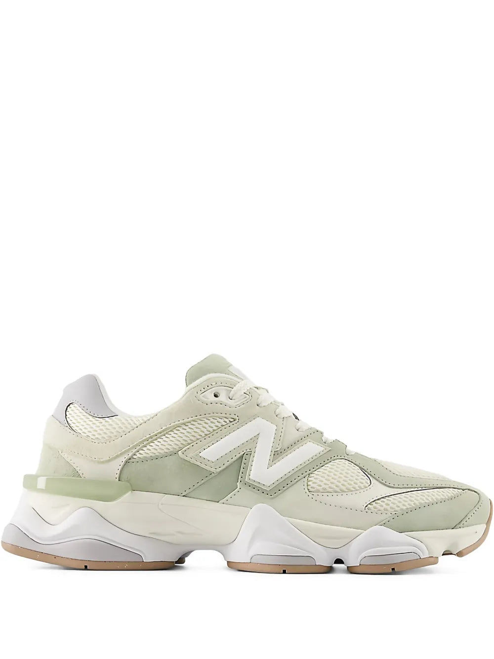 New Balance 9060 lace-up sneakers, light green/white, side N logo and chunky sole.