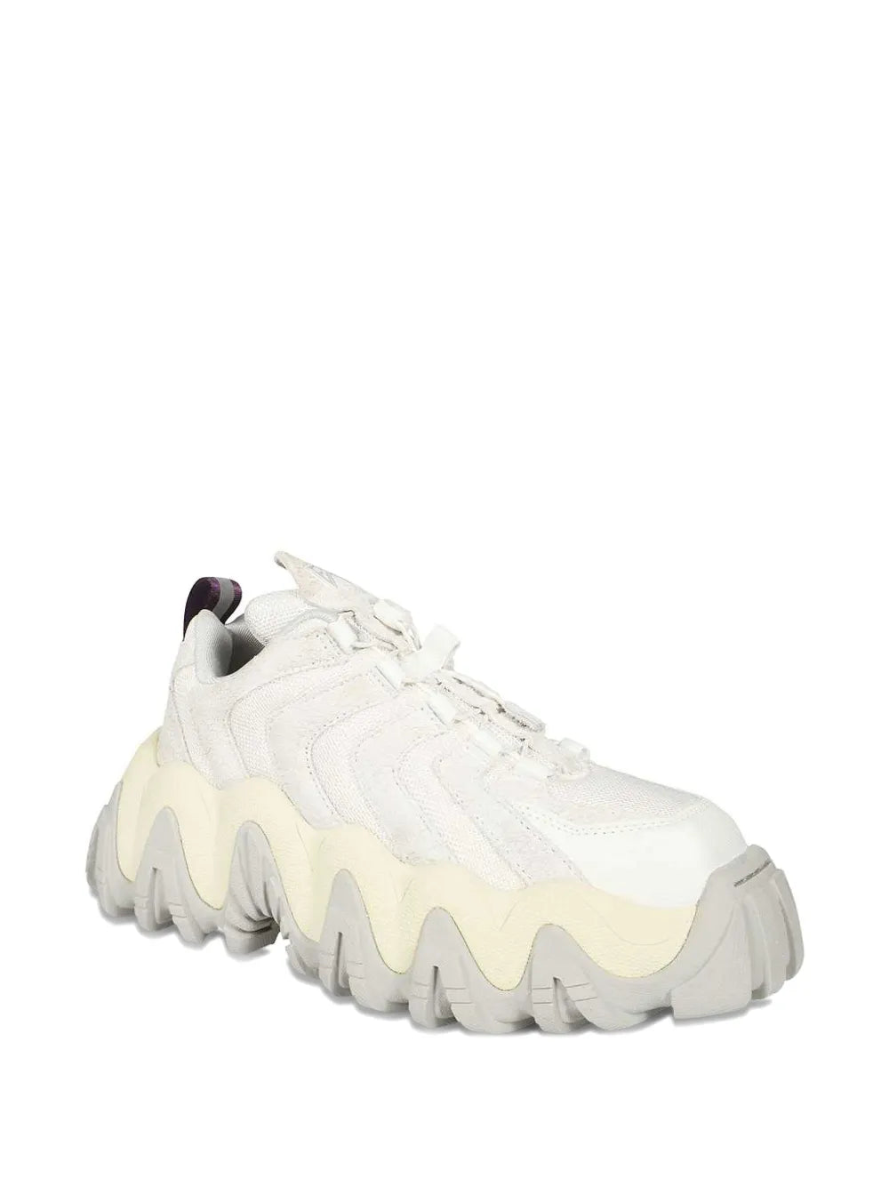 Off-white square-toe chunky sneakers, side view, lace-up with chunky tread sole