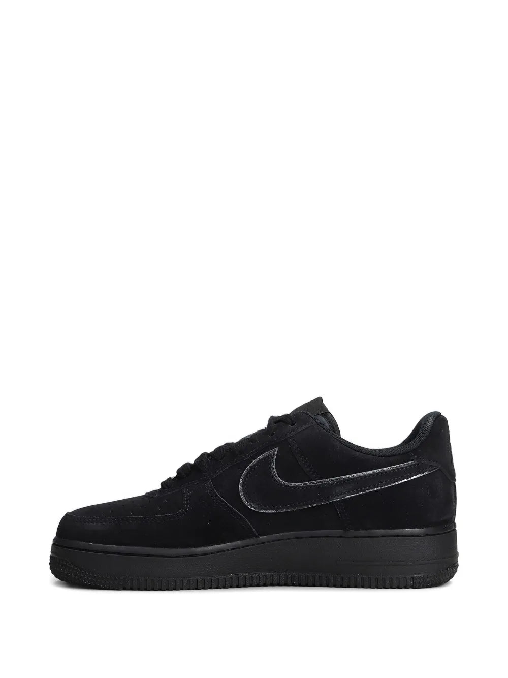 Black Nike Air Force 1 sneakers, front side view with lace-up design and low sole