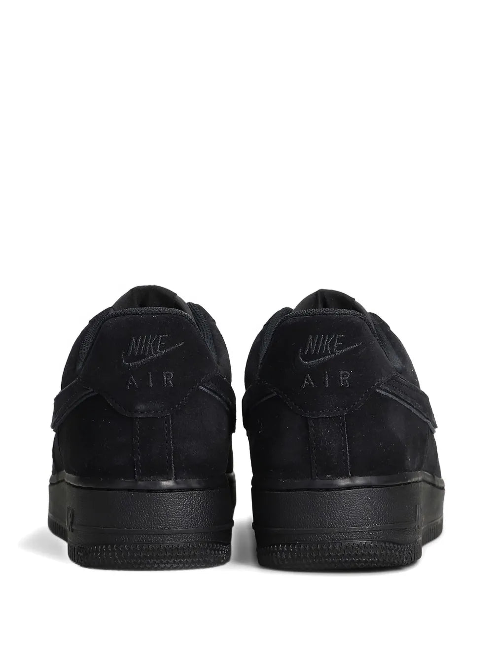 Black Nike Air Force 1 sneakers, back view with Nike Air branding on heel tabs