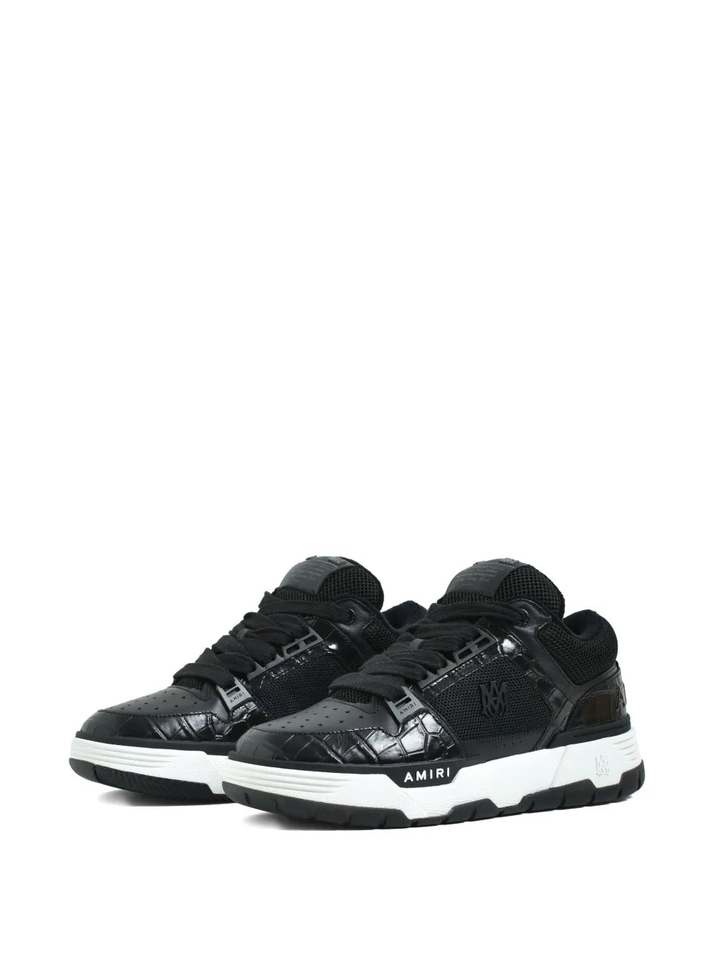 Black mesh lace-up sneakers with crocodile-effect panels and AMIRI logo, white sole