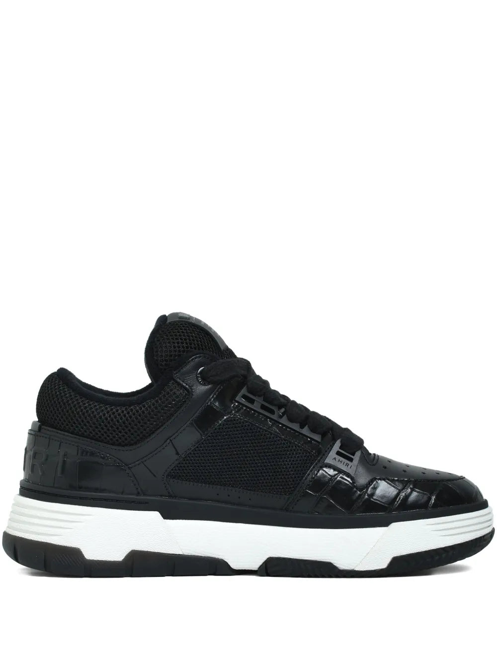 Black crocodile-effect mesh lace-up sneakers with black laces and white sole