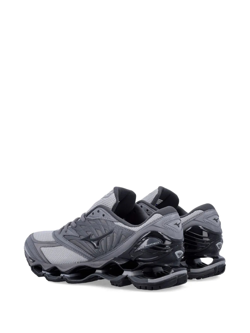 Mizuno grey mesh running sneakers with exposed wave cushioning and heel stabilizer