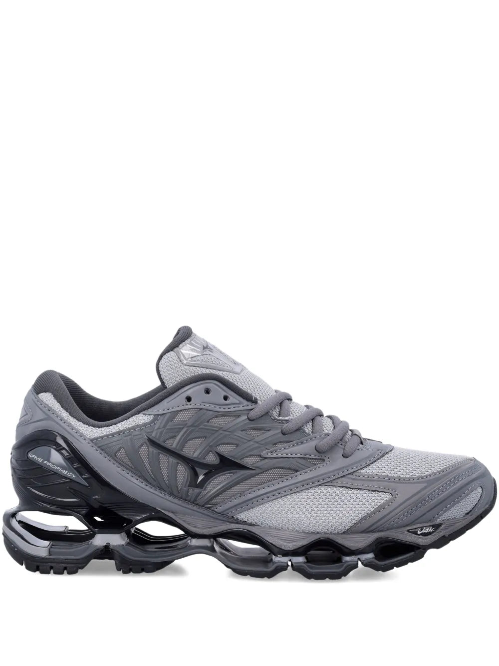 Mizuno grey mesh running sneakers with cushioned wave sole and lace-up design