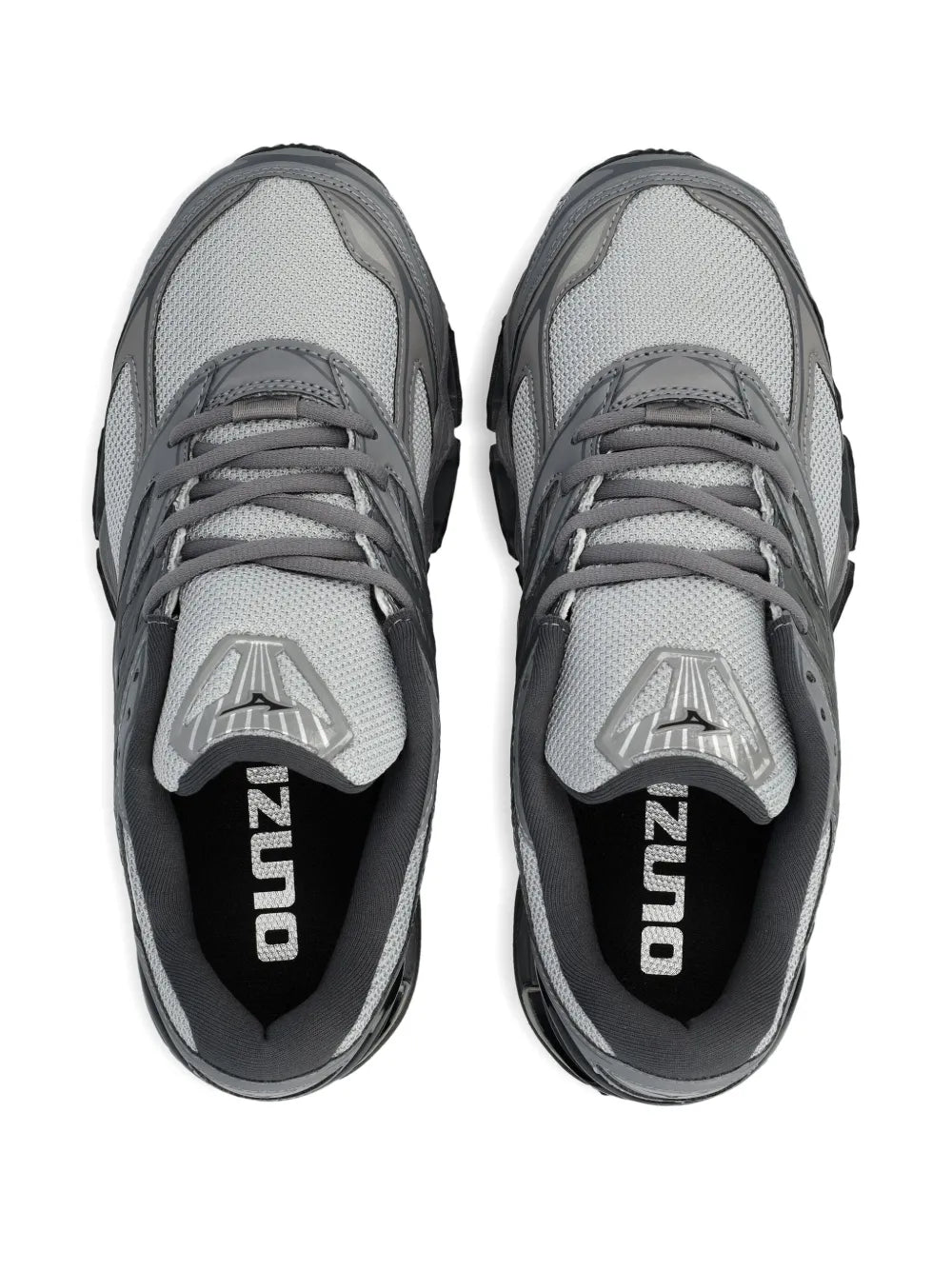 Pair of Mizuno grey lace-up sneakers showing tongues and DUNLOP branding on insoles