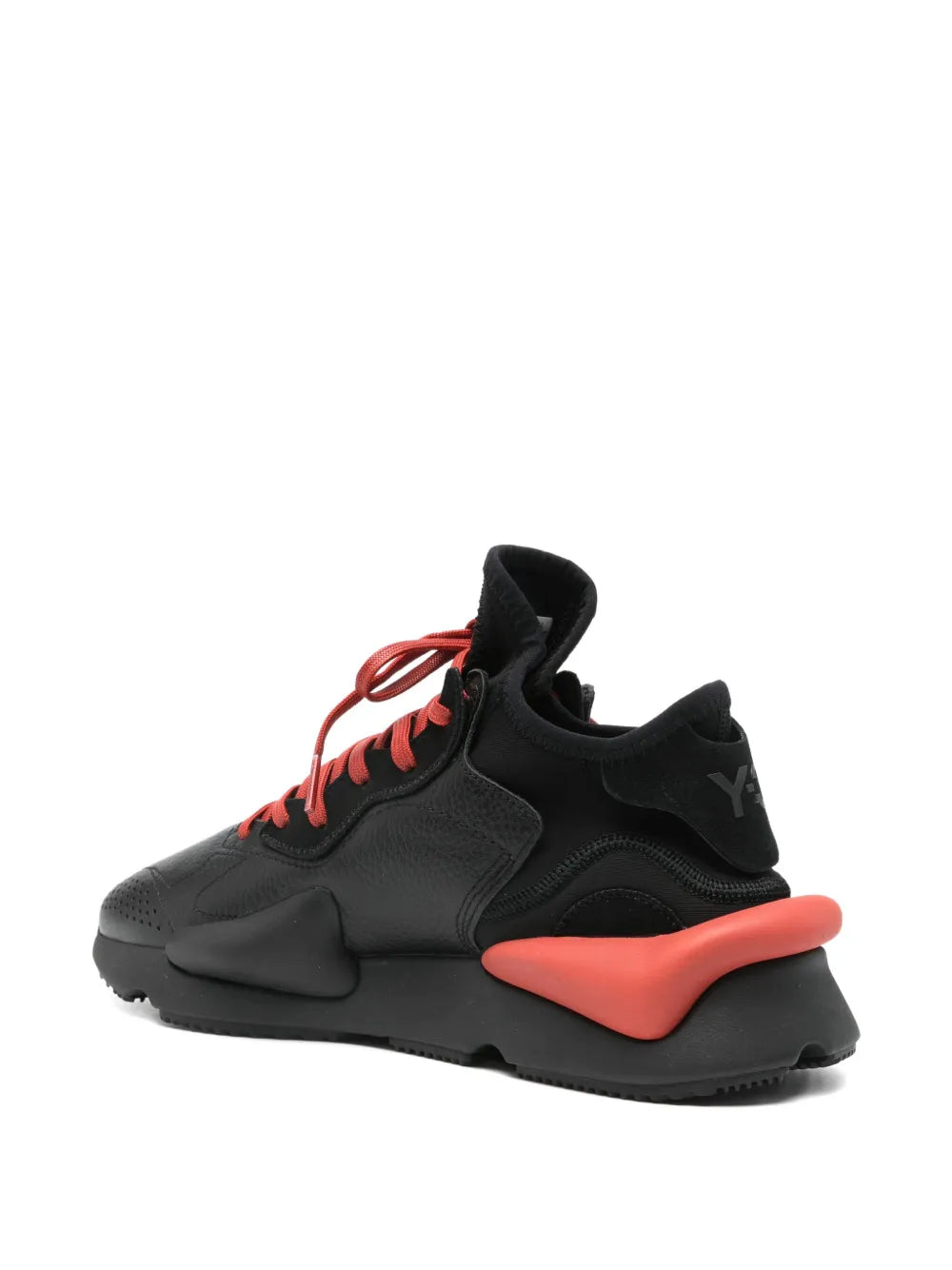 Y-3 Kaiwa leather-panel sneakers, side view with red laces and coral heel panel