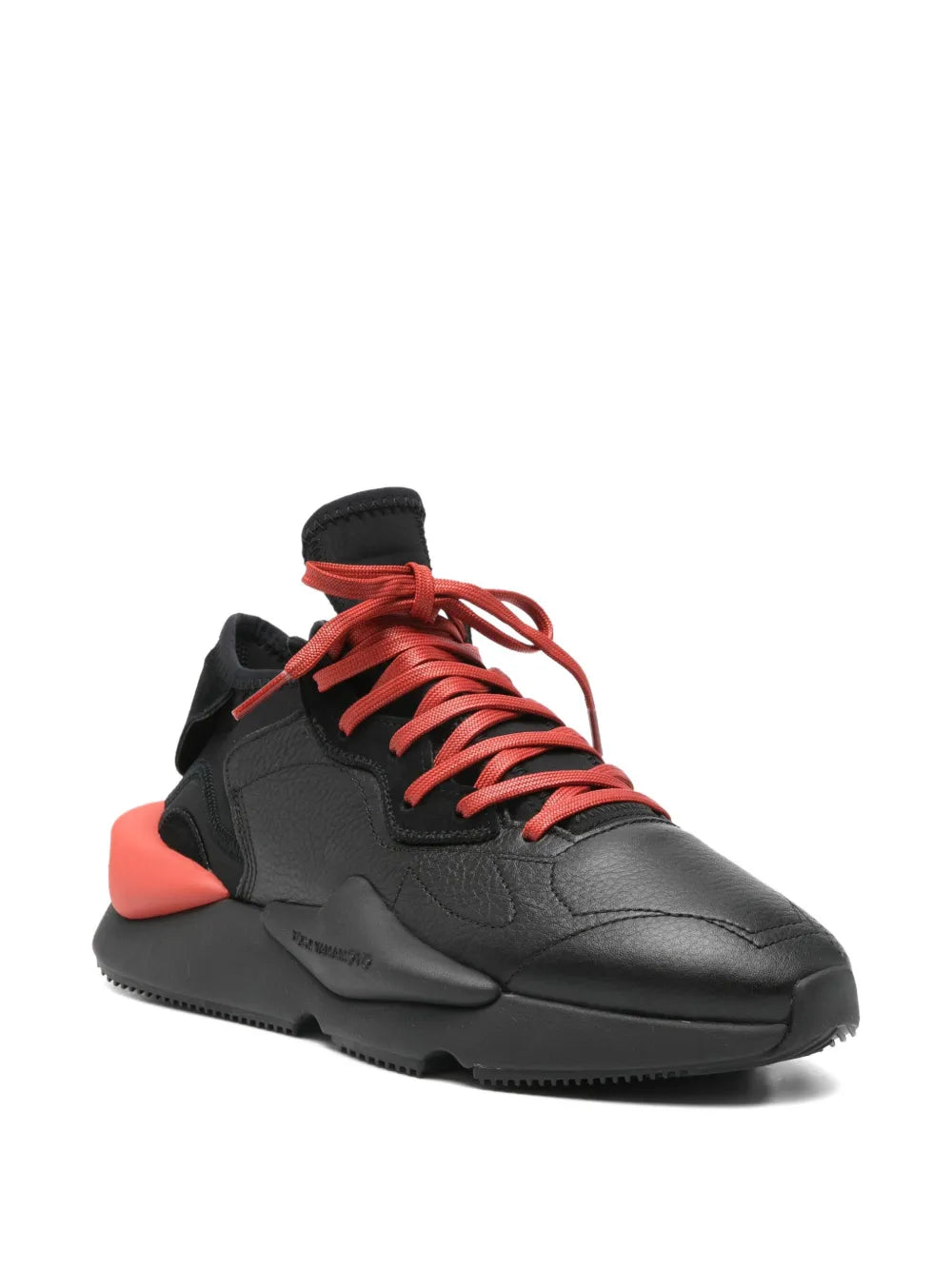 Y-3 Kaiwa leather-panel sneakers, black upper with red lace-up front