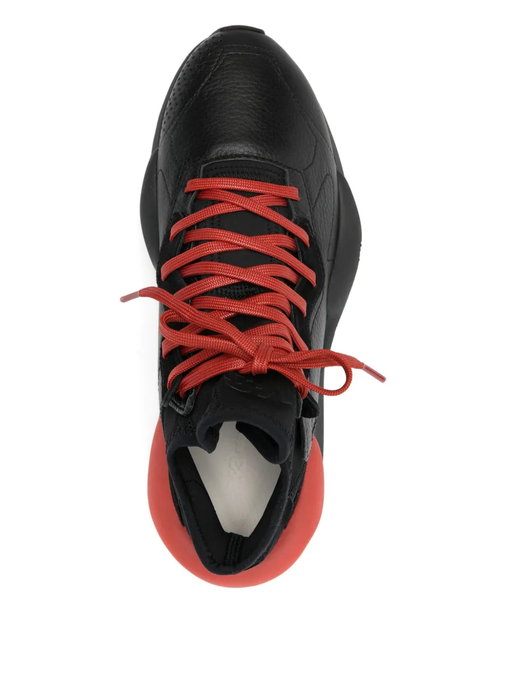 Y-3 Kaiwa leather-panel sneakers, top view with red laces and black leather upper