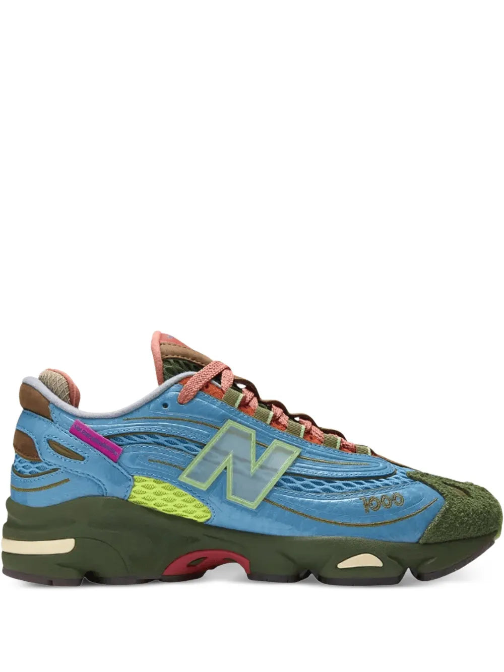Light blue New Balance 1000 mesh sneakers with green toe, yellow accents, orange laces