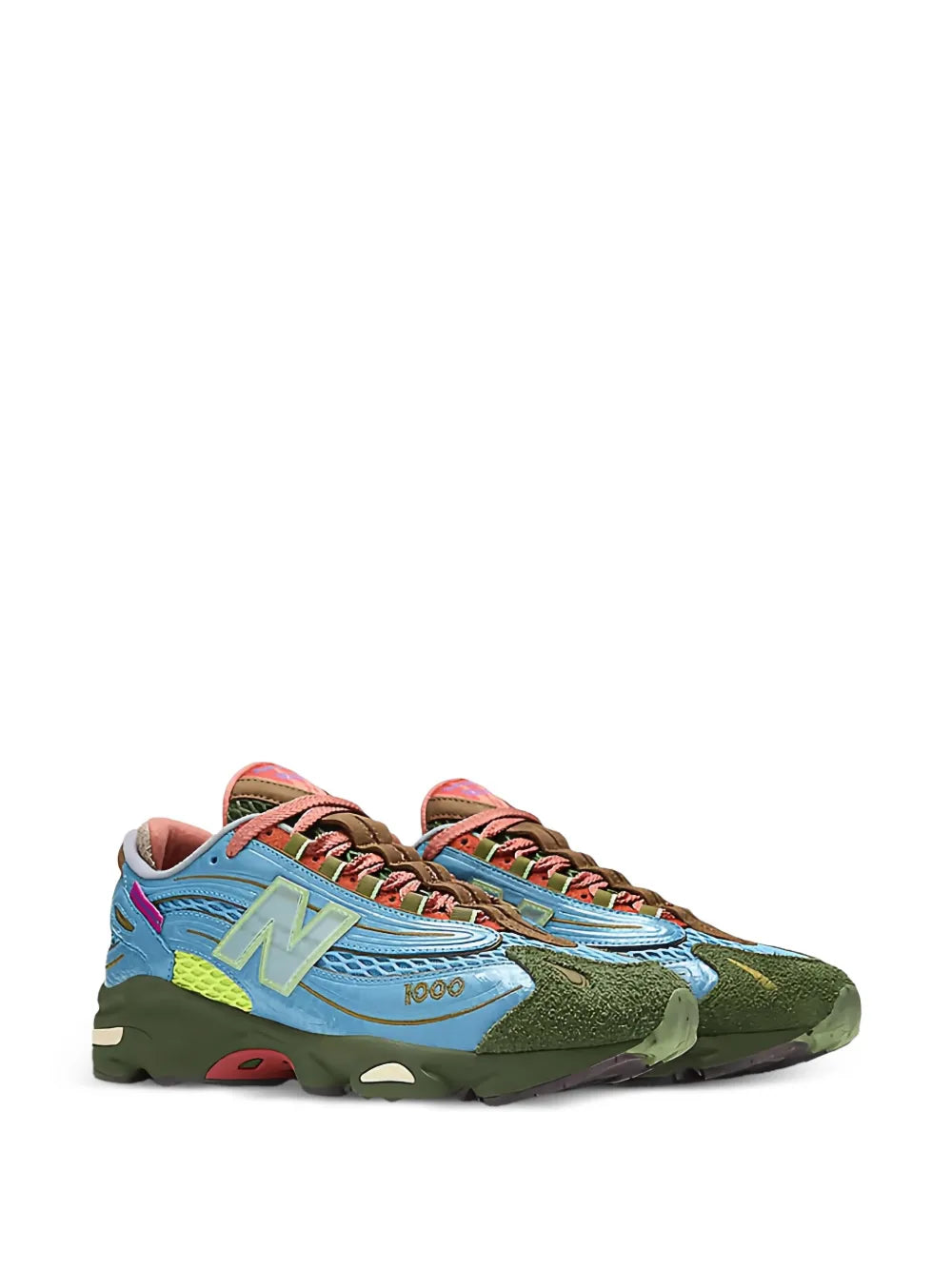 Light blue New Balance 1000 mesh sneakers, green sides, yellow logo, orange laces