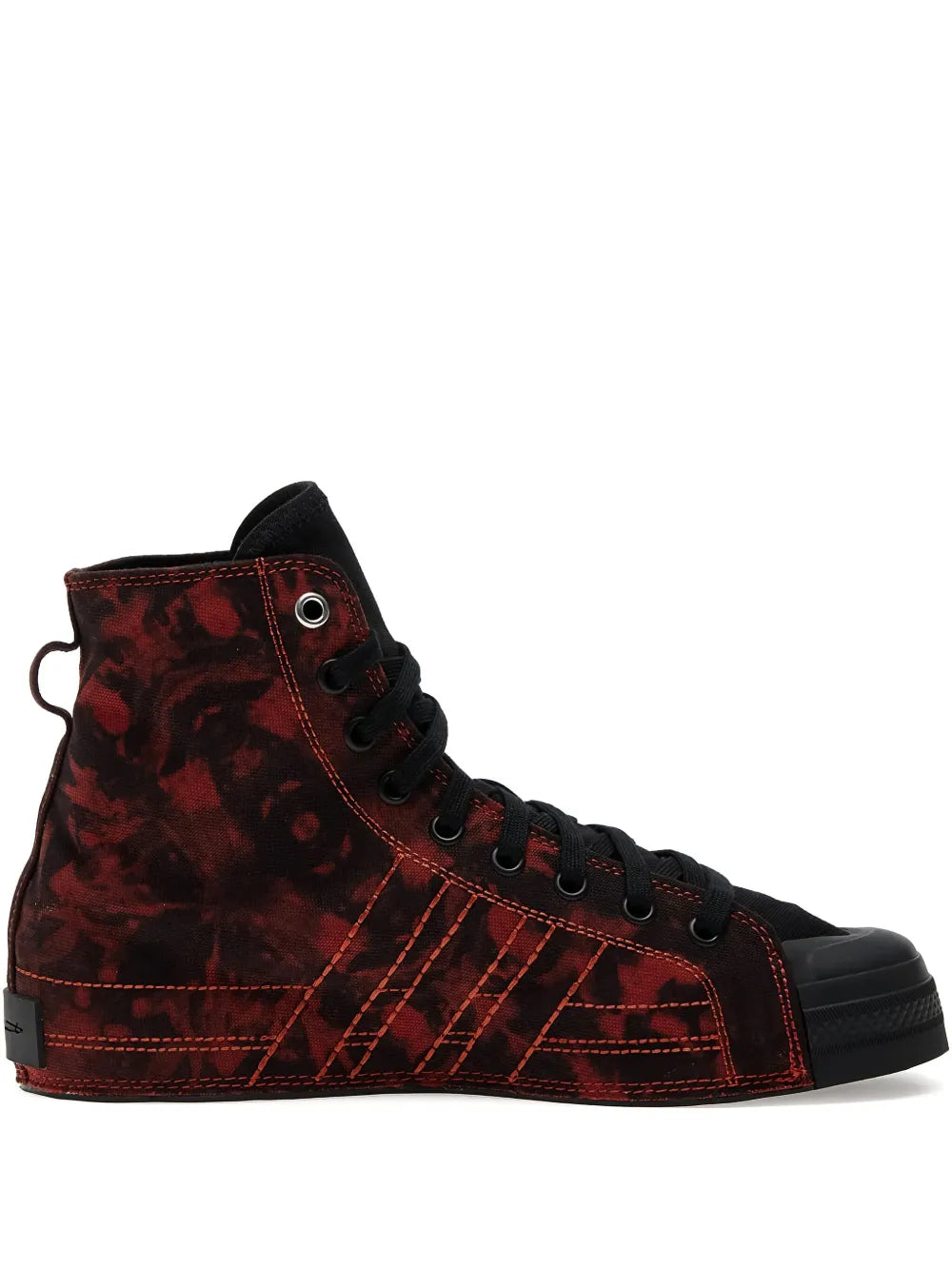Y-3 Nizza high-top sneaker in red tie-dye with black toe cap and laces