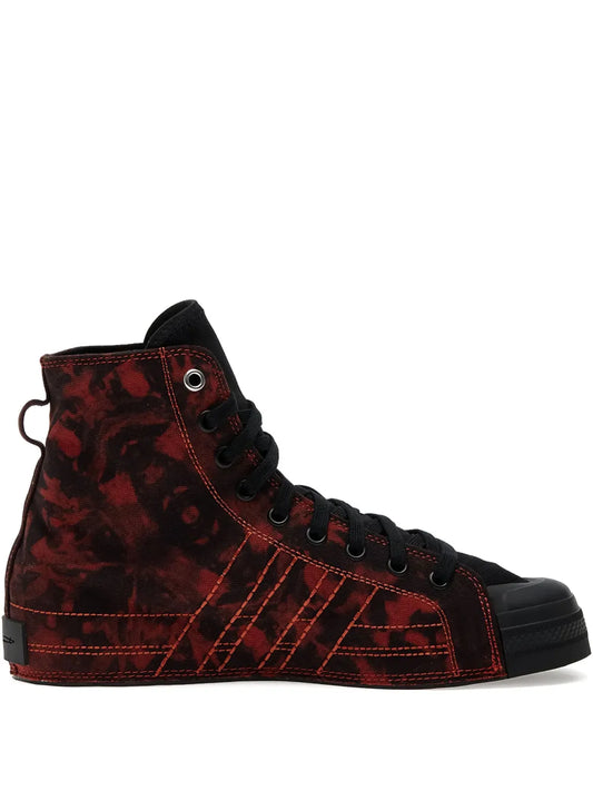 Y-3 Nizza high-top sneaker in red tie-dye with black toe cap and laces