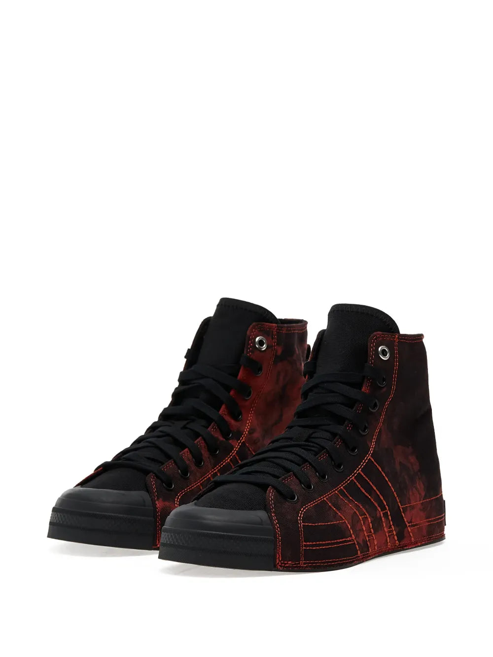 Y-3 Nizza high-top sneakers with red tie-dye panels, black laces and rubber toe
